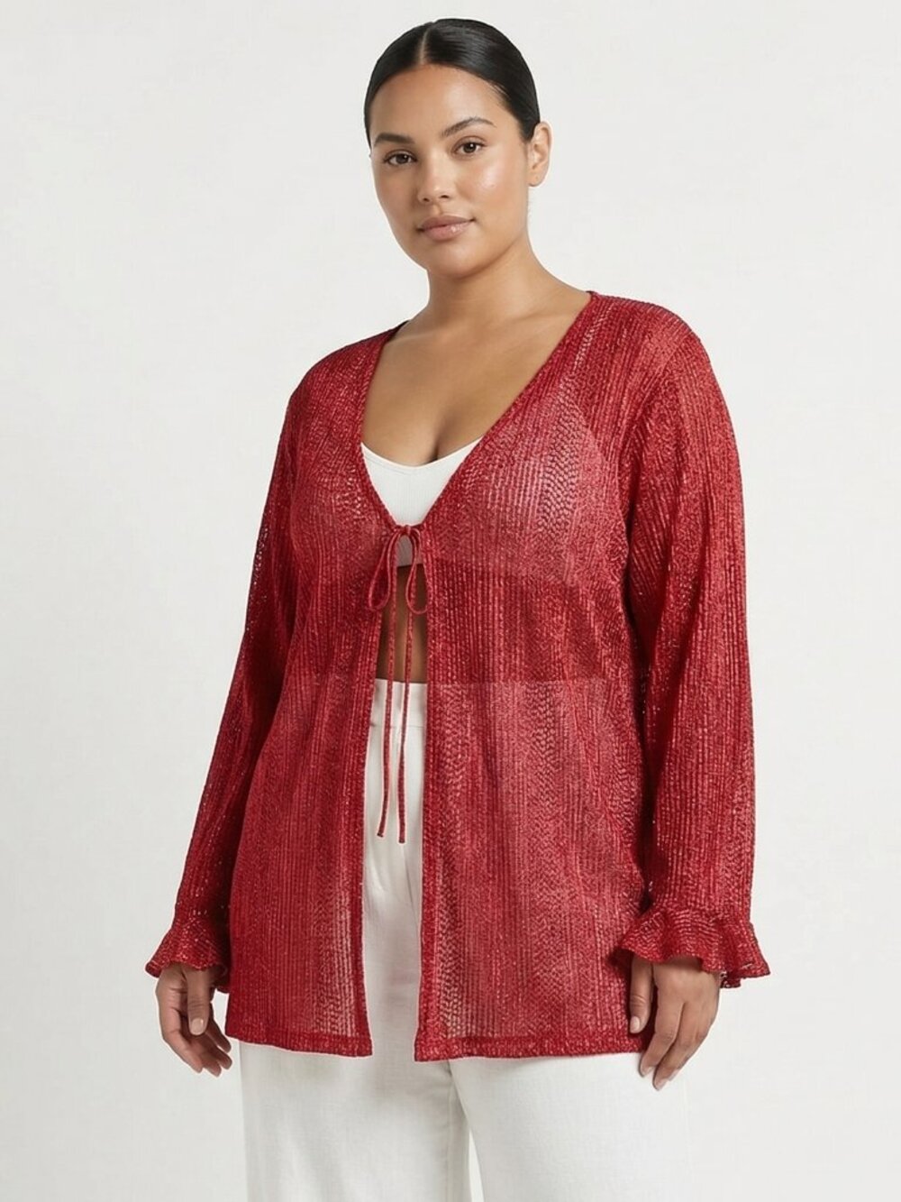 Plus Size Red Tie-Front Sheer Cardigan Jacket